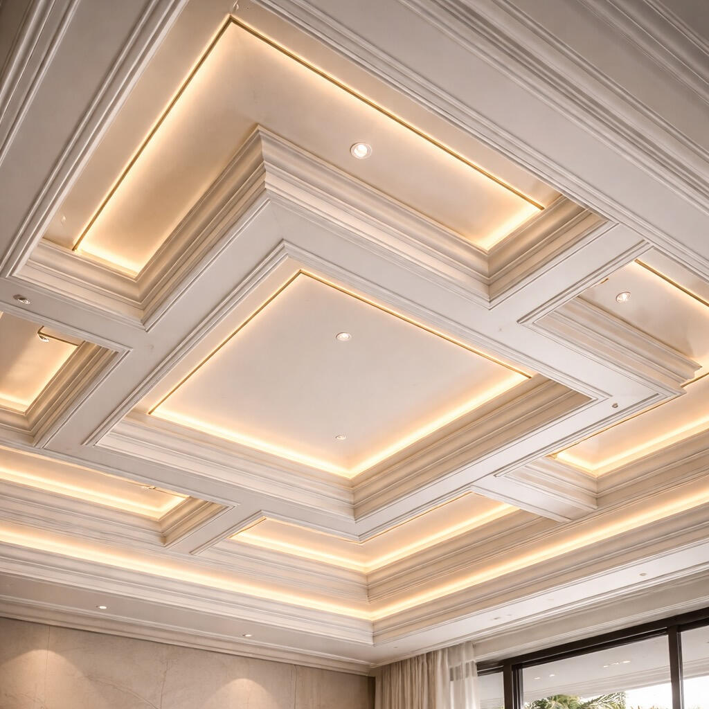 Intricate coffered ceiling with warm LED cove lighting and precise trim work in Boca Raton master suite