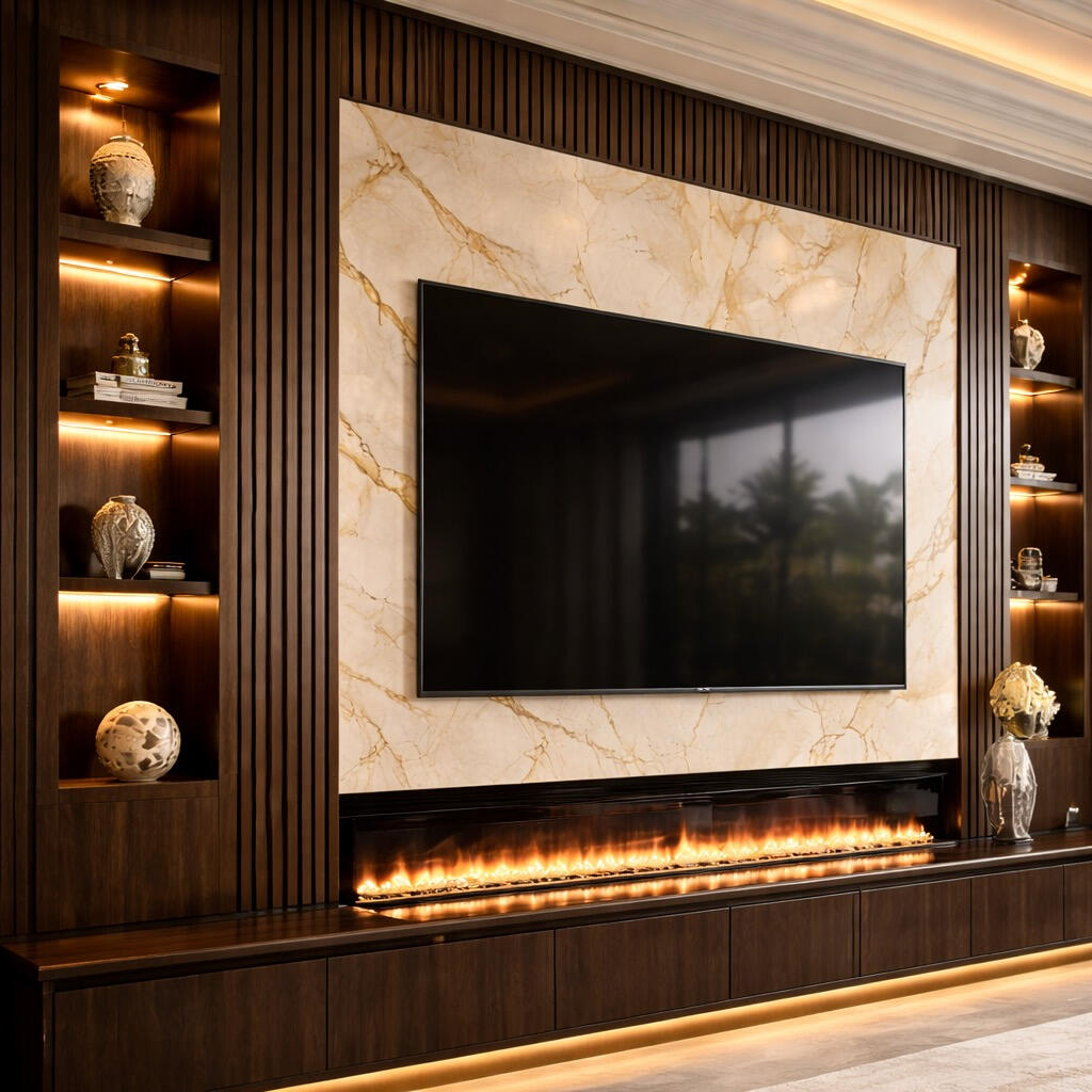 Close up of luxury media wall with walnut slats, Calacatta marble panels and warm LED lighting in Boca Raton