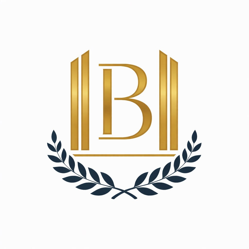 Minimalist luxury emblem with gold pillars, letter B and laurel wreath symbolizing Boca Raton master craftsmanship and quality