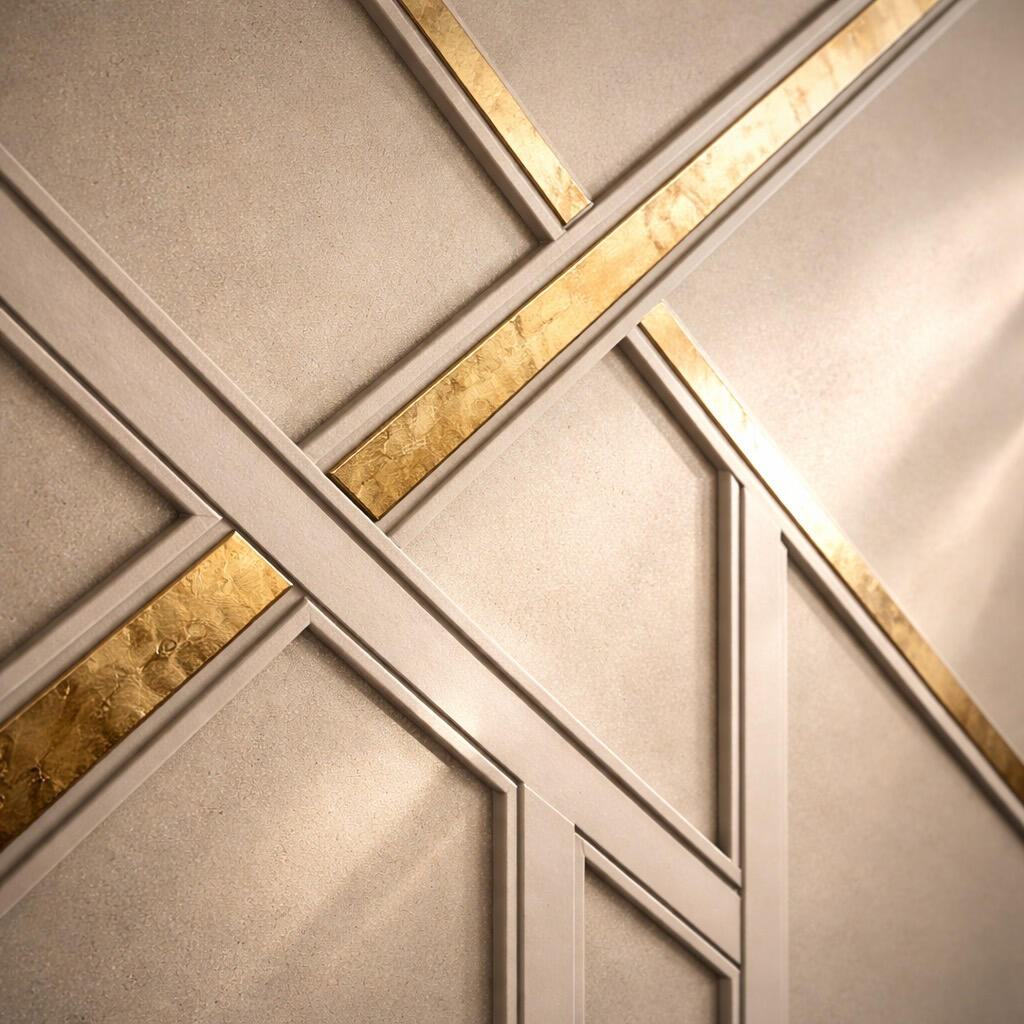 Close up of geometric 3D accent wall with champagne metallic finish, gold leaf accents and precise mitered trim joints