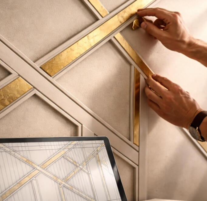 An abstract, artistic rendering of a master carpenter's hands carefully adjusting a complex geometric trim pattern accent wall.